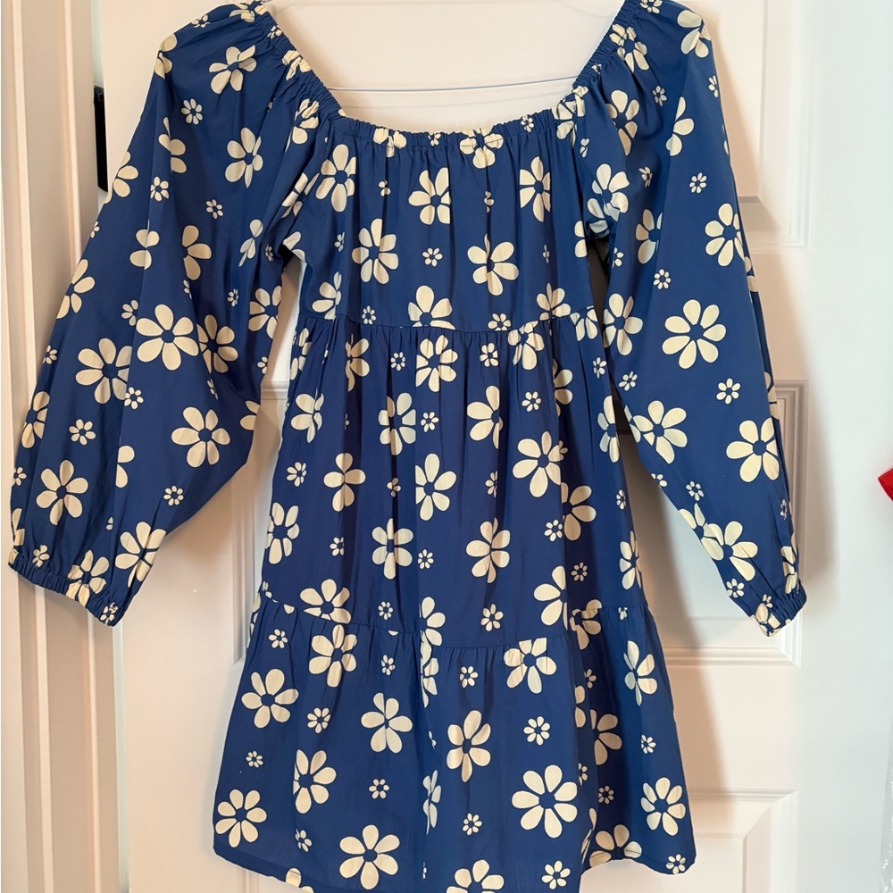 Billabong Blue and White Smocked Sundress with Bishop Sleeves
